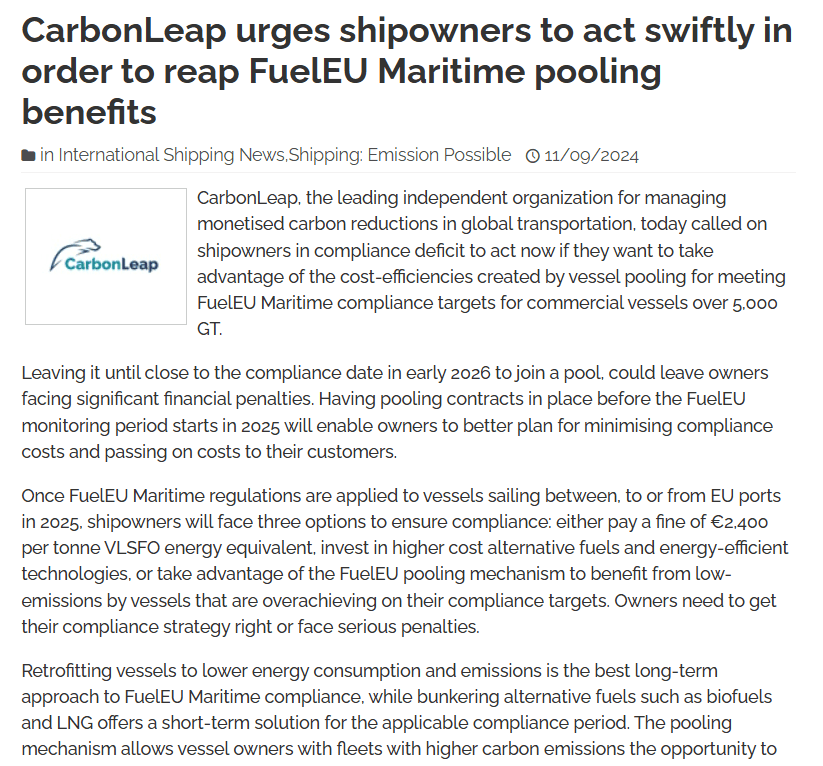 CarbonLeap urges Shipowners to act swiftly in order to reap FuelEU Maritime pooling benefits